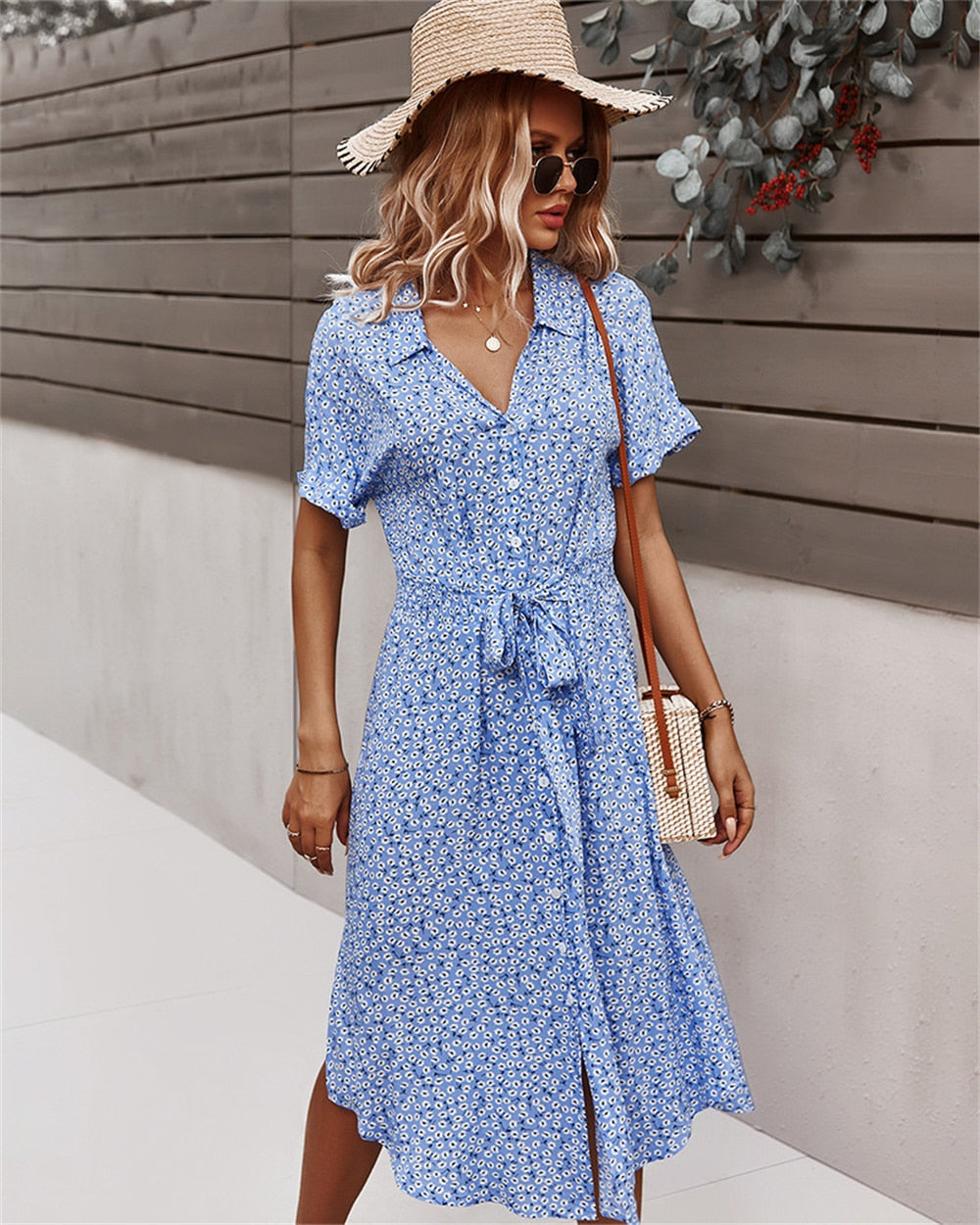 Women Midi Dress - Floral A-Line - V-neck Shirt Collar - Knee-Length with Waistband