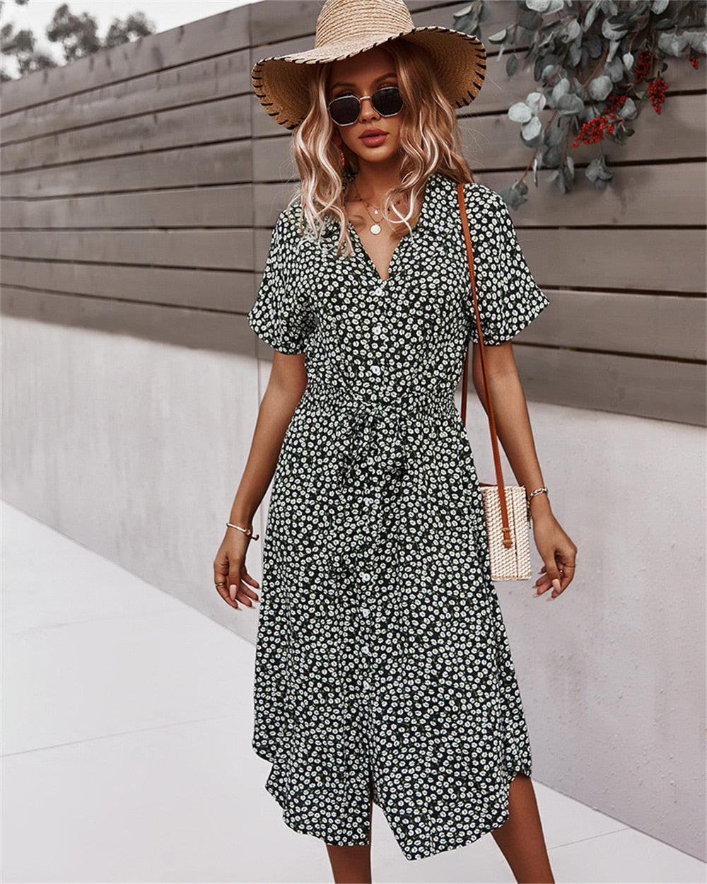 Women Midi Dress - Floral A-Line - V-neck Shirt Collar - Knee-Length with Waistband