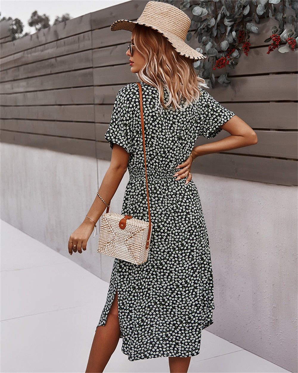 Women Midi Dress - Floral A-Line - V-neck Shirt Collar - Knee-Length with Waistband