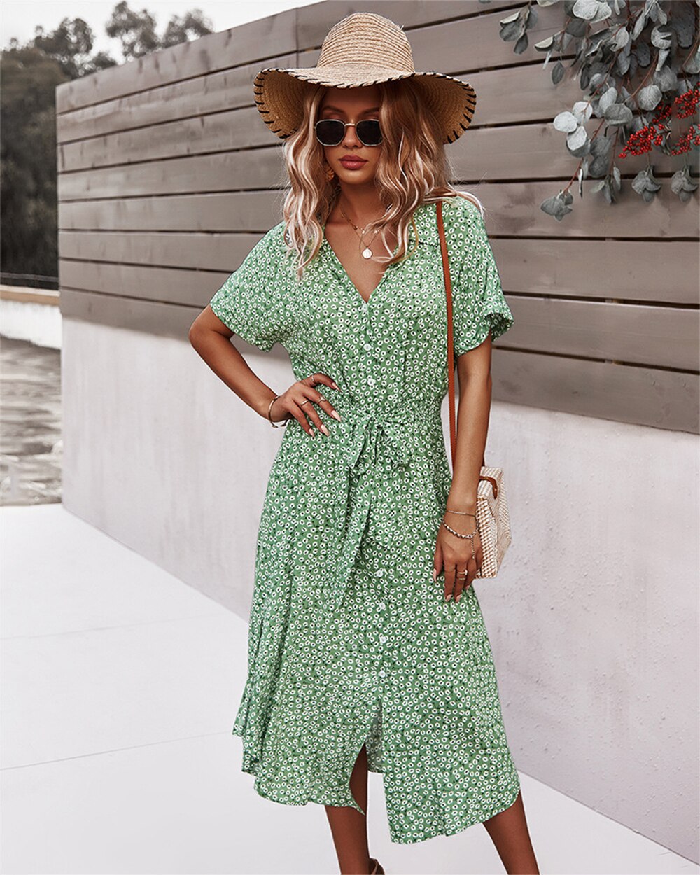 Women Midi Dress - Floral A-Line - V-neck Shirt Collar - Knee-Length with Waistband