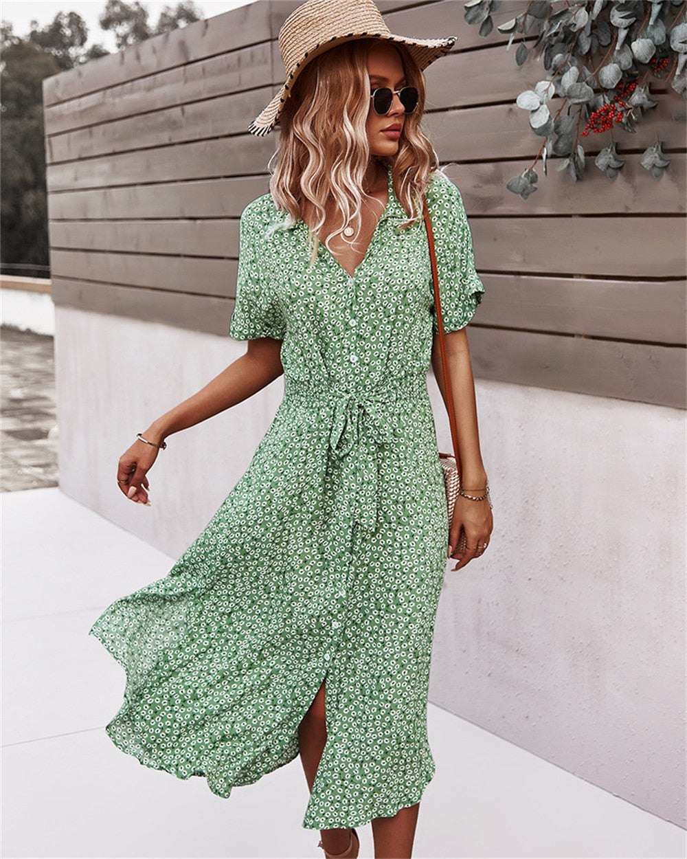 Women Midi Dress - Floral A-Line - V-neck Shirt Collar - Knee-Length with Waistband