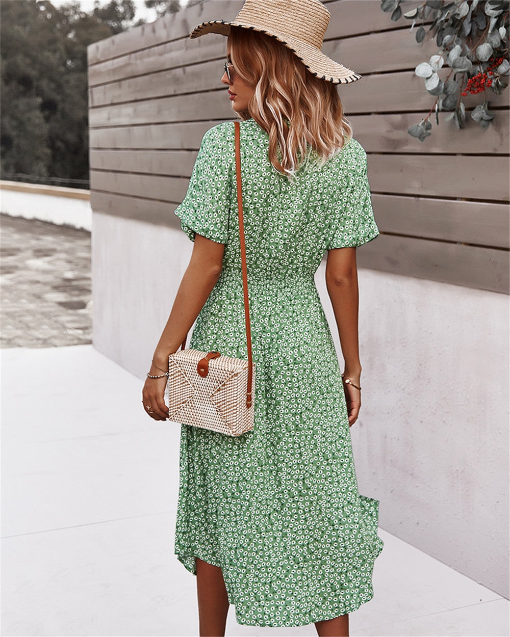 Women Midi Dress - Floral A-Line - V-neck Shirt Collar - Knee-Length with Waistband