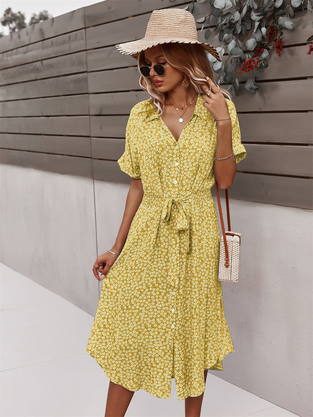 Women Midi Dress - Floral A-Line - V-neck Shirt Collar - Knee-Length with Waistband
