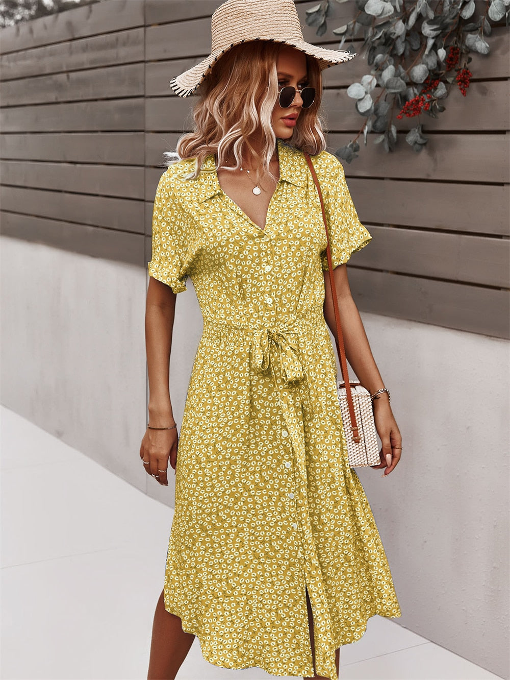 Women Midi Dress - Floral A-Line - V-neck Shirt Collar - Knee-Length with Waistband
