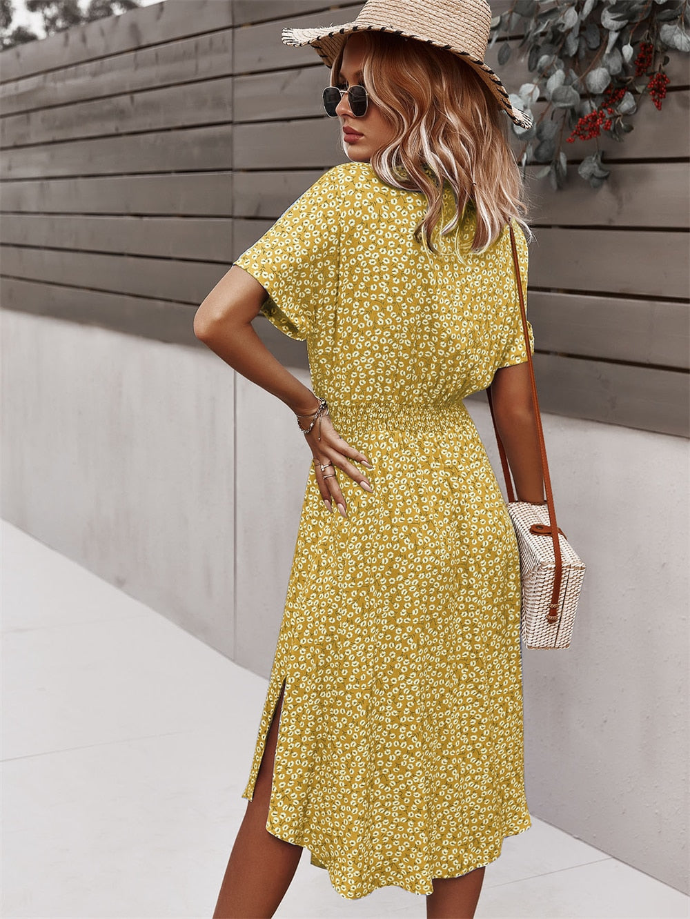 Women Midi Dress - Floral A-Line - V-neck Shirt Collar - Knee-Length with Waistband