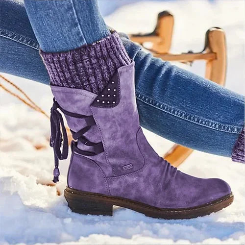 Women's Boots – Standard Fit – Knitted Cuff – Studs – Back Lacing