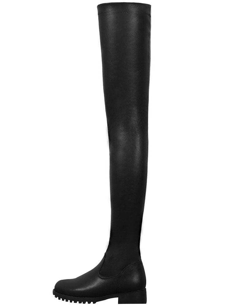 Women's Overknee Boots – Leather – Low Block Heel – Textured Sole – Zipper Closure