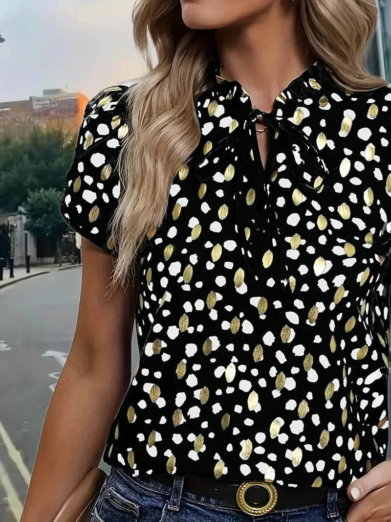 Women's Blouse - Short-Sleeved V-Neck - Light and Airy - Modern Pattern