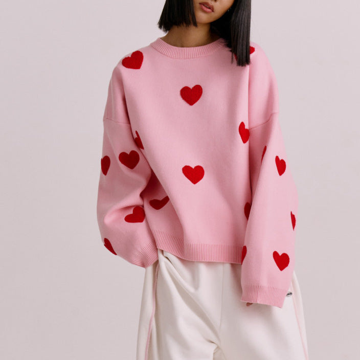 Women's Sweater – Knitted Oversized Fit – Heart Pattern – Long-Sleeved Casual
