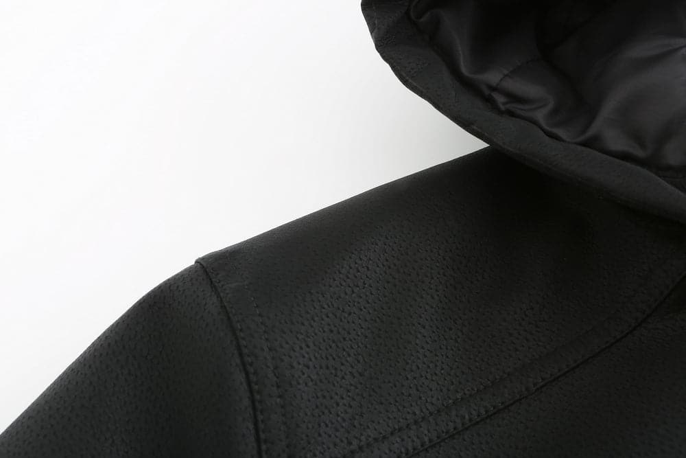 Men's Leather-Look Jacket – Drawstring Hood – Quilted Lining – Zipper Closure – Ribbed Hem