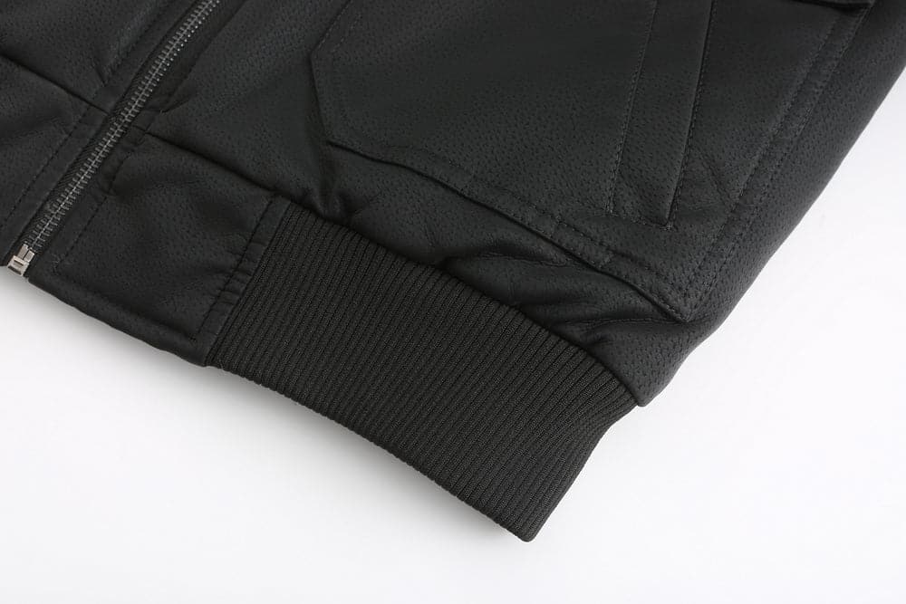 Men's Leather-Look Jacket – Drawstring Hood – Quilted Lining – Zipper Closure – Ribbed Hem