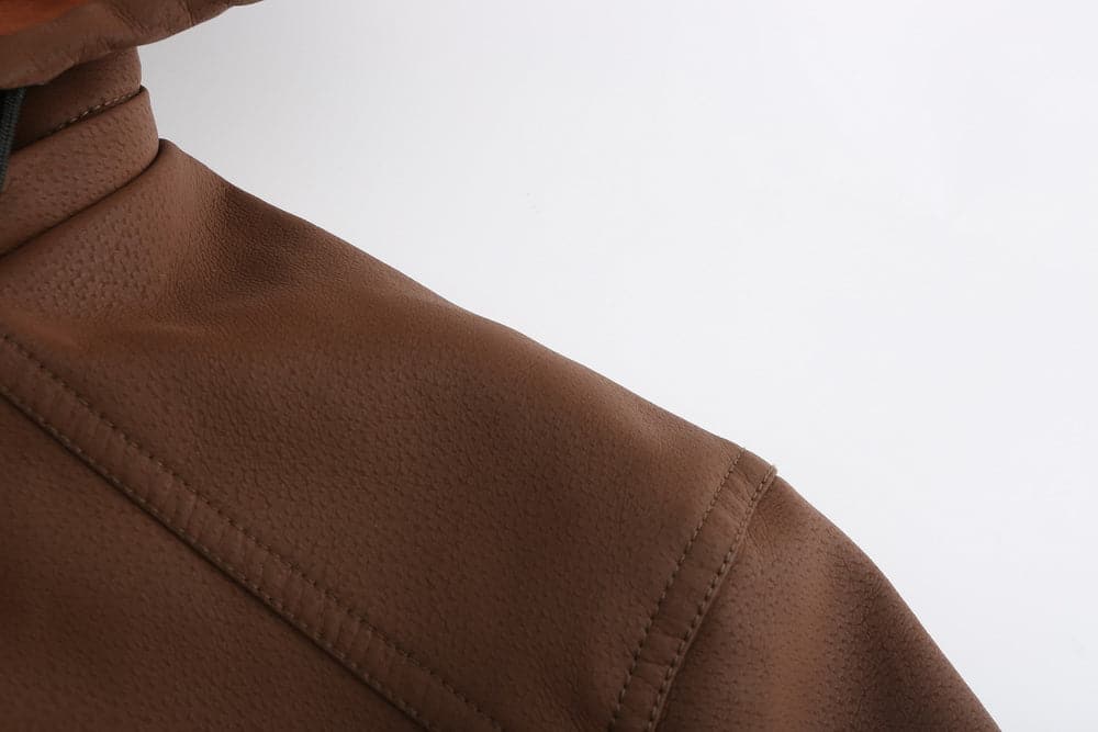 Men's Leather-Look Jacket – Drawstring Hood – Quilted Lining – Zipper Closure – Ribbed Hem