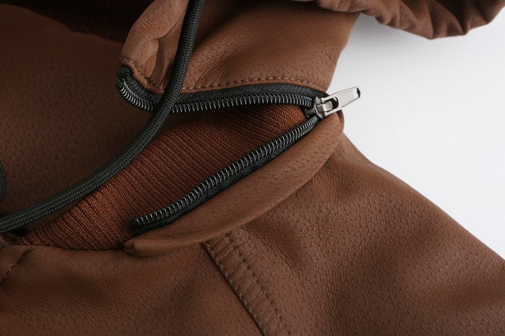 Men's Leather-Look Jacket – Drawstring Hood – Quilted Lining – Zipper Closure – Ribbed Hem