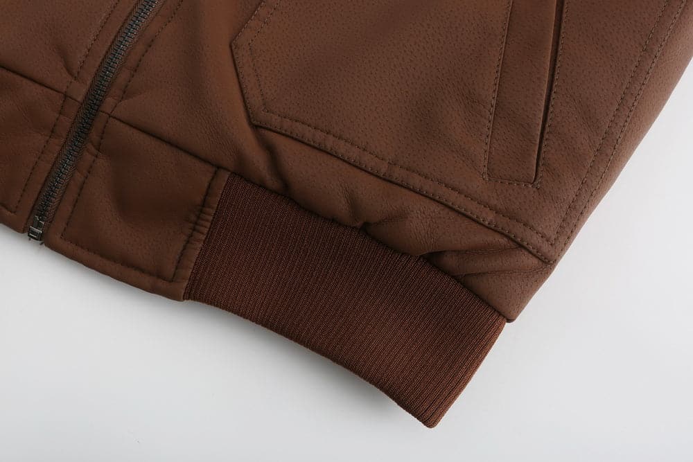 Men's Leather-Look Jacket – Drawstring Hood – Quilted Lining – Zipper Closure – Ribbed Hem
