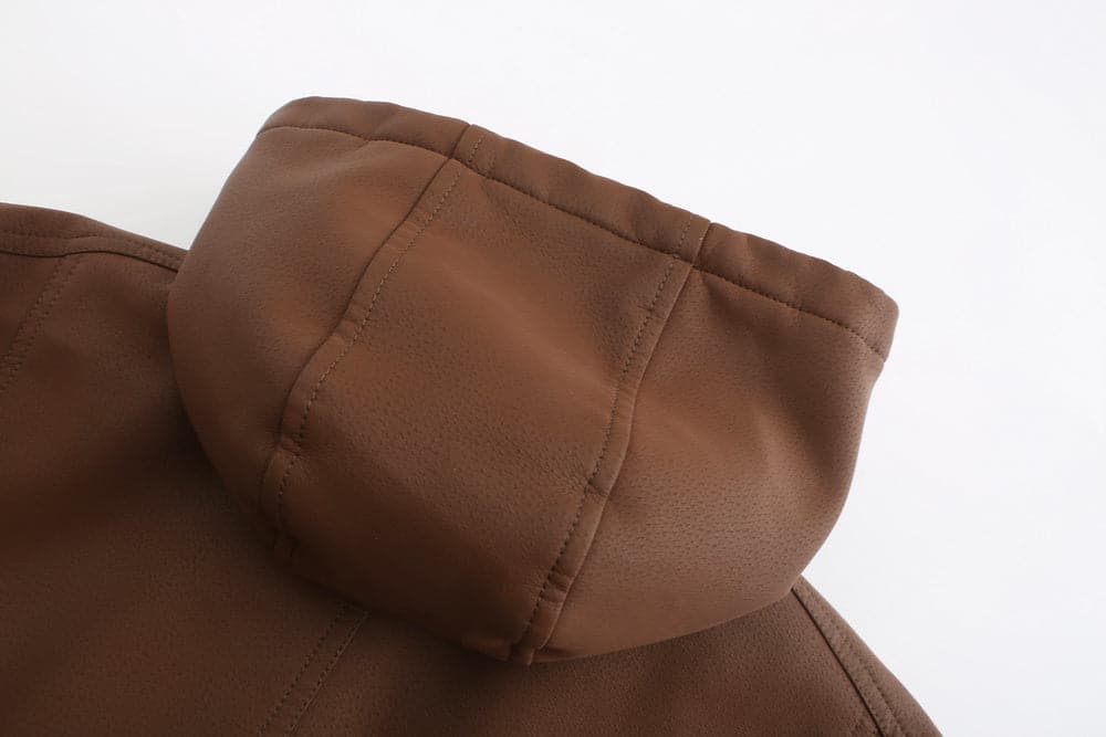 Men's Leather-Look Jacket – Drawstring Hood – Quilted Lining – Zipper Closure – Ribbed Hem