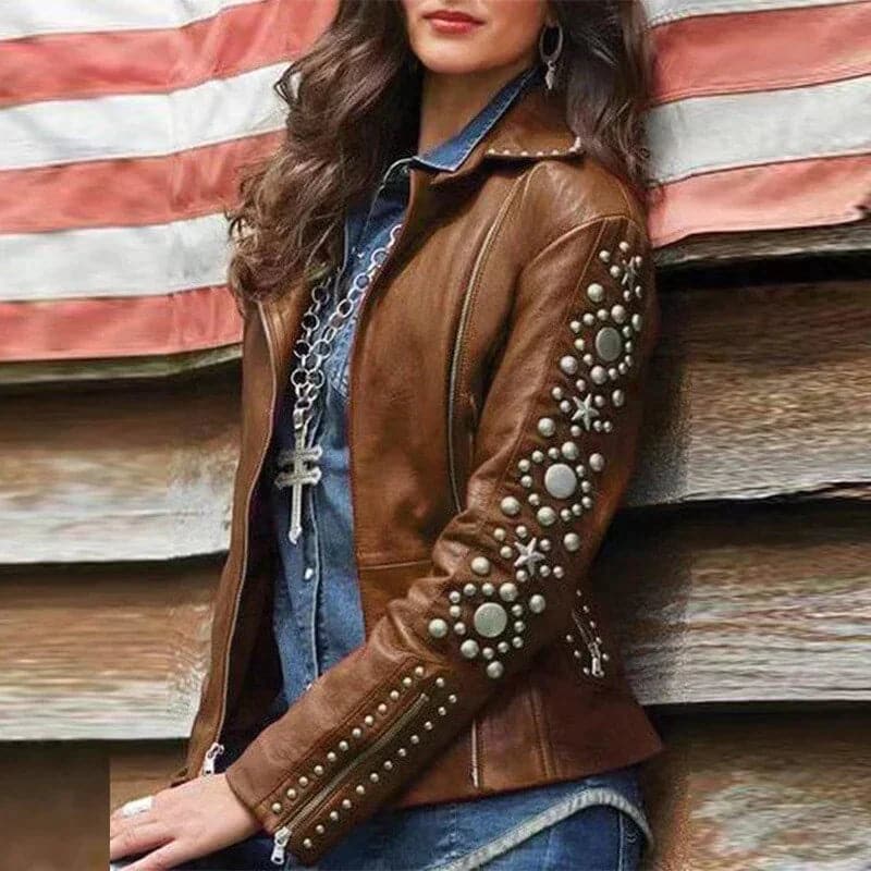 Women's Leather Jacket - Studded Design - Zipper Details - Classic Biker Style