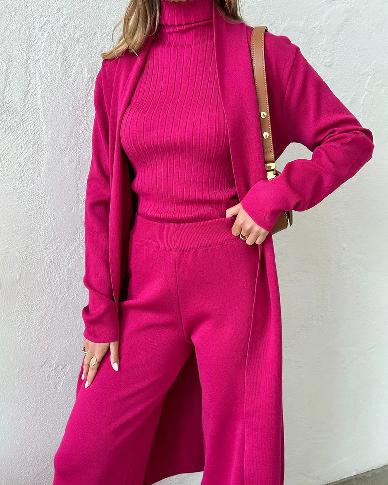 Women 3-Piece Set – Open Long Coat – High Waist Wide Pants – Sleeveless Ribbed Top