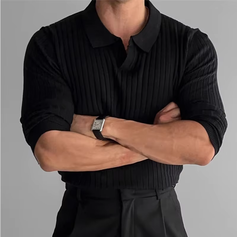 Men's Polo Shirt - Ribbed Knit - Long Sleeve - Comfortable and Stylish