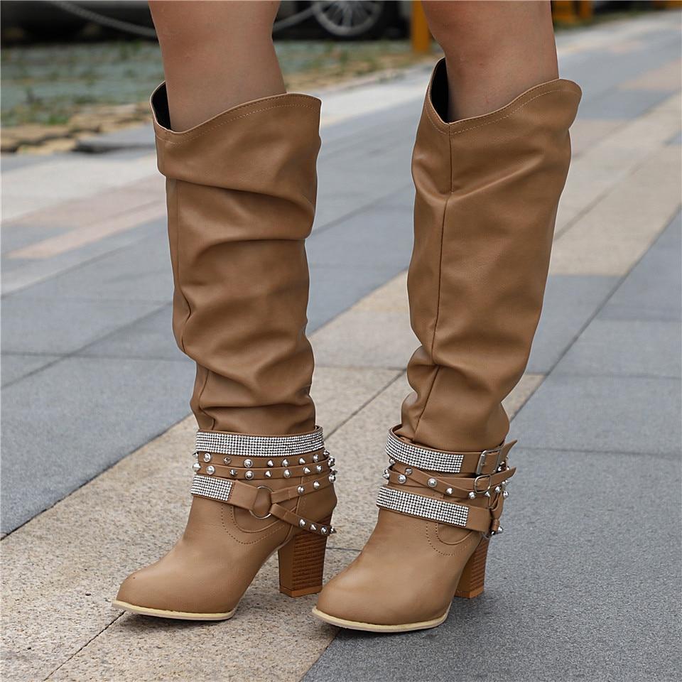 Women's Knee-High Boots - Leather Look - Block Heel - Decorative Straps with Studs