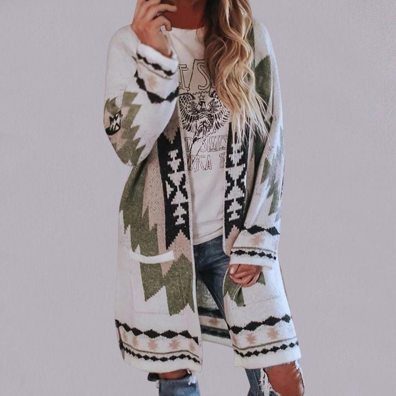 Women's Long Knitted Cardigan - Loose Fit - Geometric Pattern - Comfortable Layering