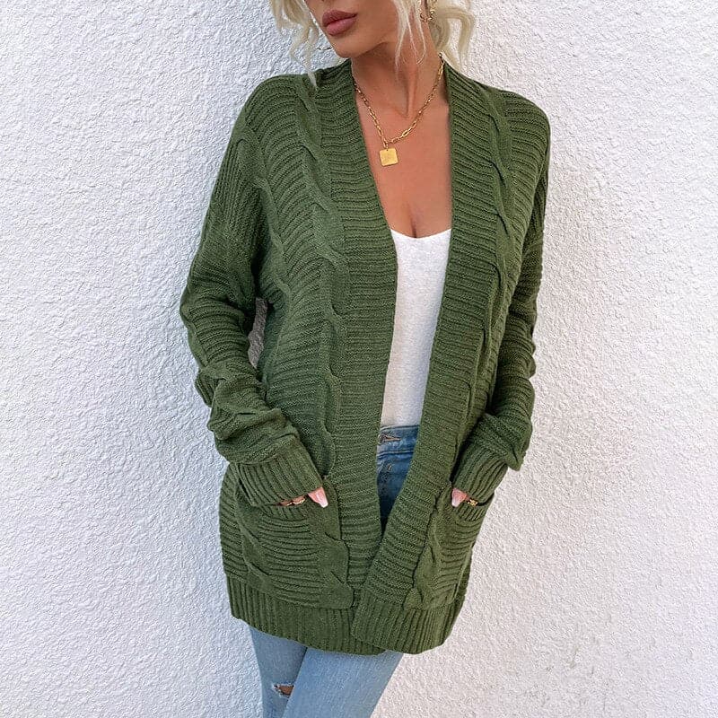 Women's Cardigan - Knitted Cable Knit - Open Front - Long Sleeved with Pockets