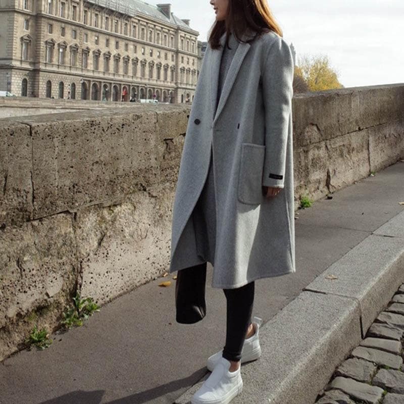 Dame Kåpe - Lang Ullblanding - Dobbeltspent - Klassisk Oversized Passform