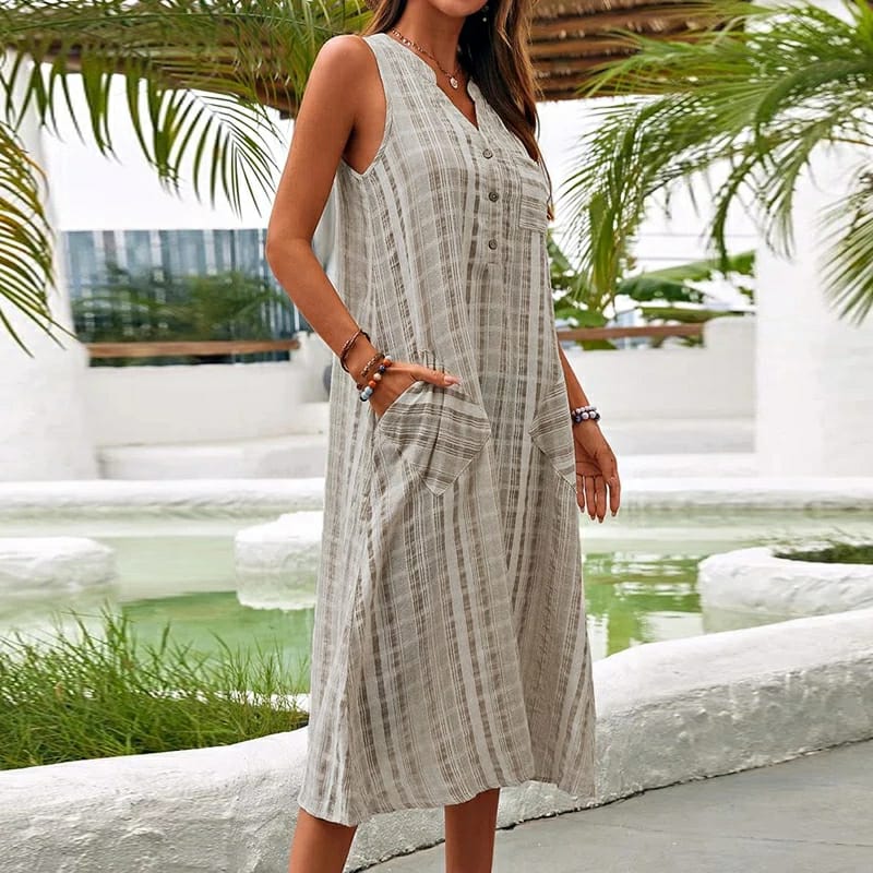 Women's Midi Dress - A-line Fit - V-neck - Buttons & Side Pockets - Airy Fabric