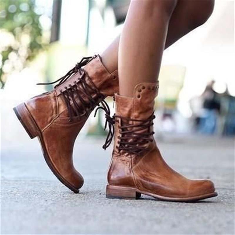 Women's Ankle Boots – Leather – Lacing – Stud Details – Low Heel – Round Toe
