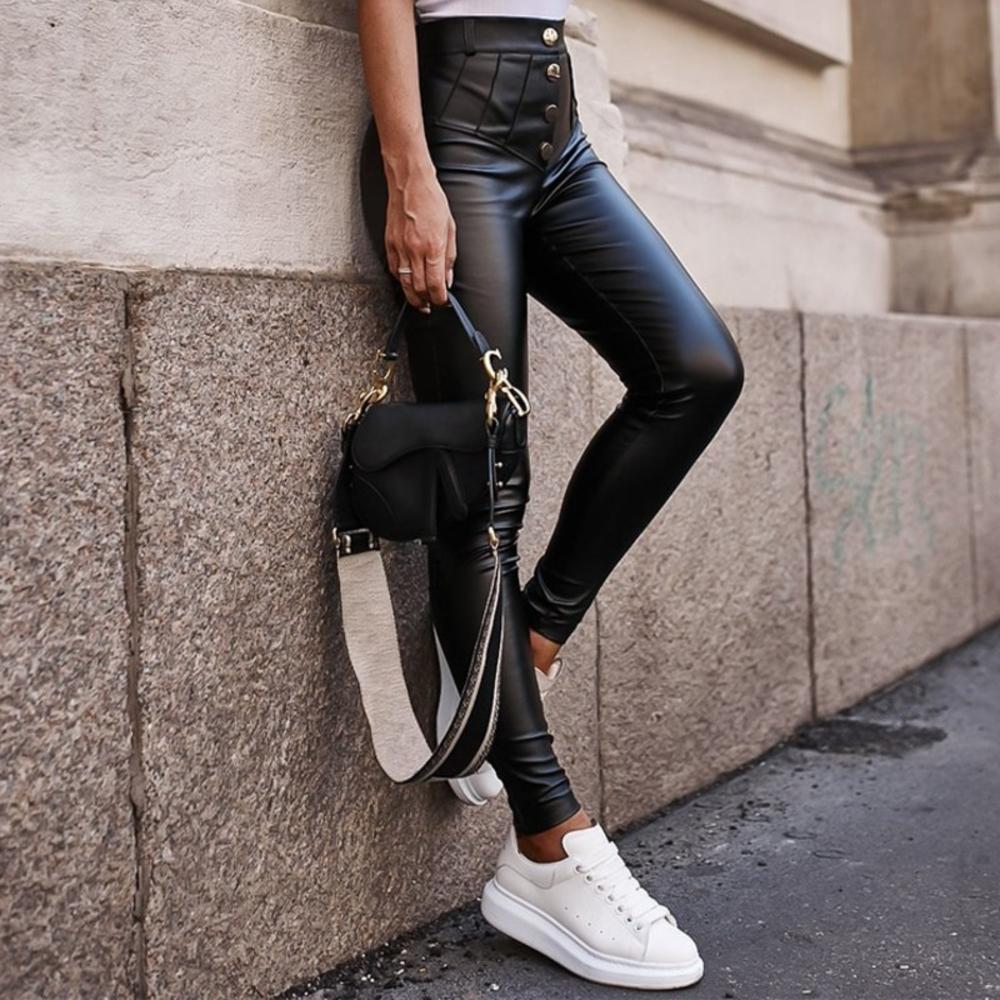 Women's Leather Pants – High Waist – Skinny Fit – Decorative Button Details