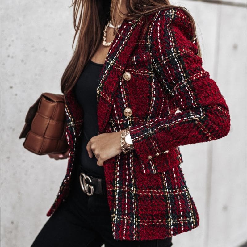 Women's Blazer - Tweed Fabric - Check Pattern - Tailored Fit - Gold Buttons