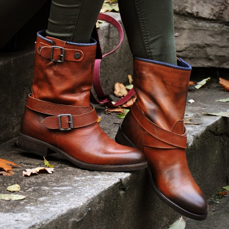 Women's Leather Boots – Slouchy Shaft – Decorative Straps and Buckles – Comfortable Sole
