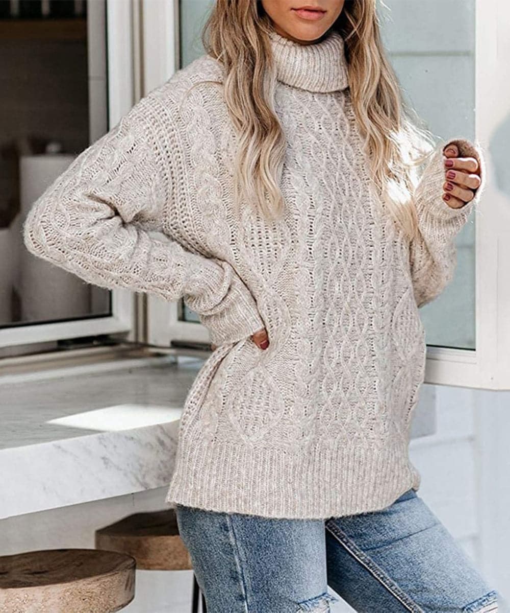 Women's Knitted Sweater - Cable Knit - High Neck - Long Sleeved - Relaxed Fit