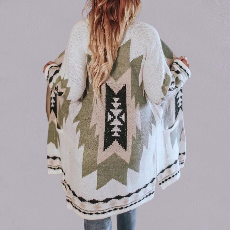 Women's Long Knitted Cardigan - Loose Fit - Geometric Pattern - Comfortable Layering