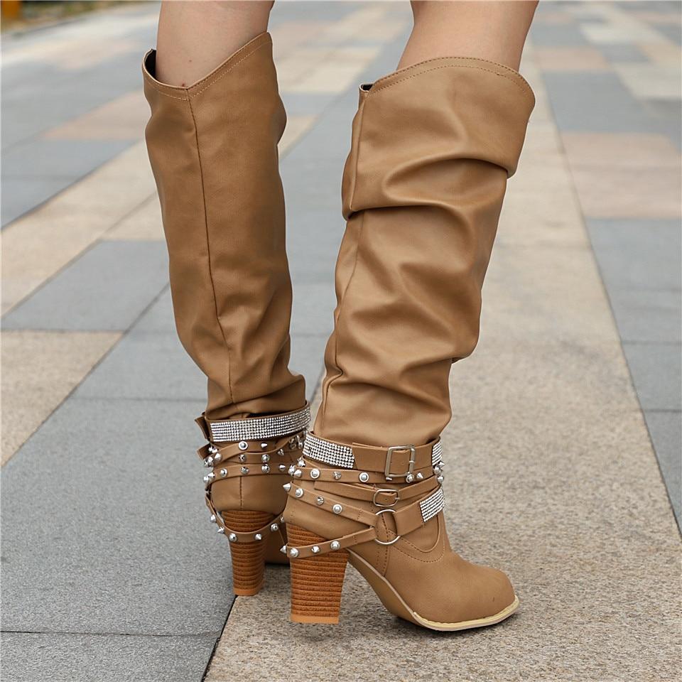 Women's Knee-High Boots - Leather Look - Block Heel - Decorative Straps with Studs