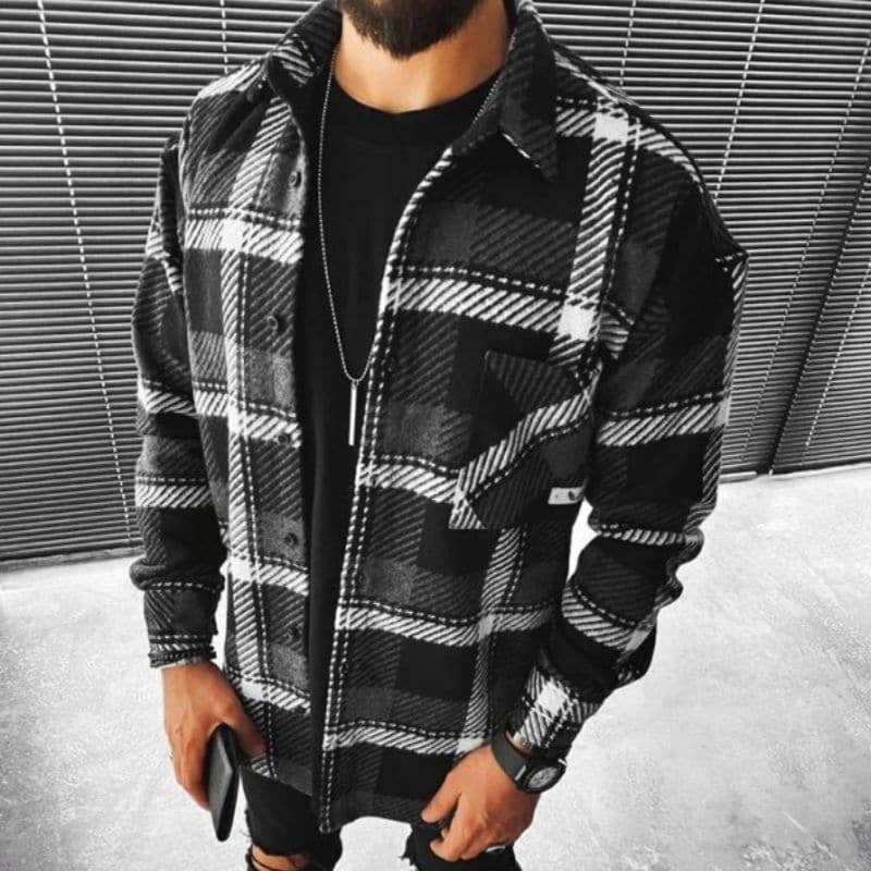 Men's Shirt Jacket - Checkered Pattern - Button Closure - Relaxed Fit - Pockets