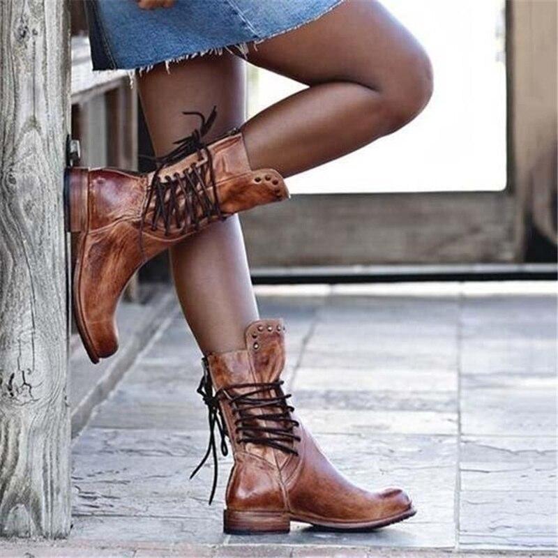 Women's Ankle Boots – Leather – Lacing – Stud Details – Low Heel – Round Toe