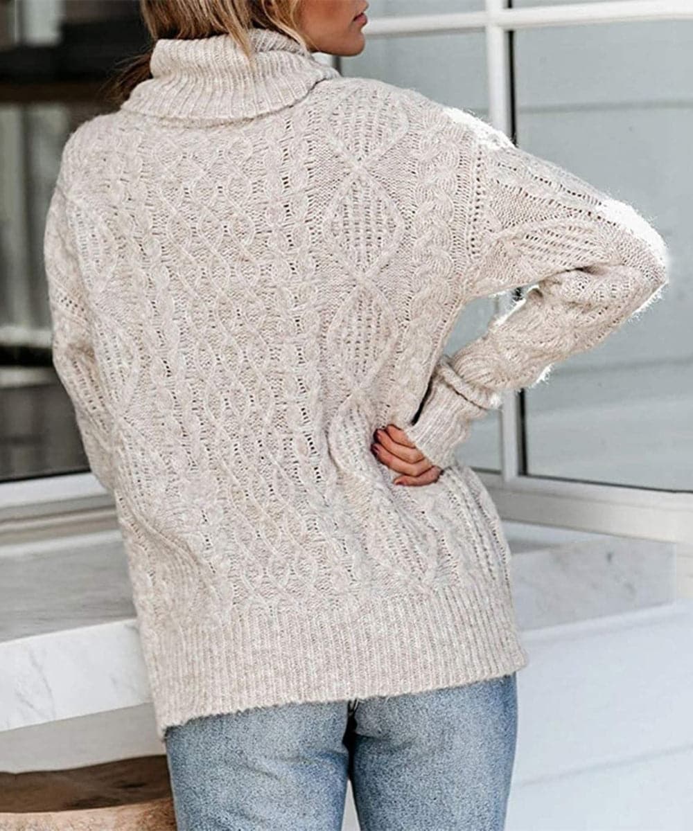 Women's Knitted Sweater - Cable Knit - High Neck - Long Sleeved - Relaxed Fit