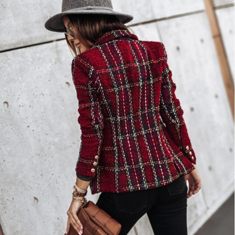 Women's Blazer - Tweed Fabric - Check Pattern - Tailored Fit - Gold Buttons