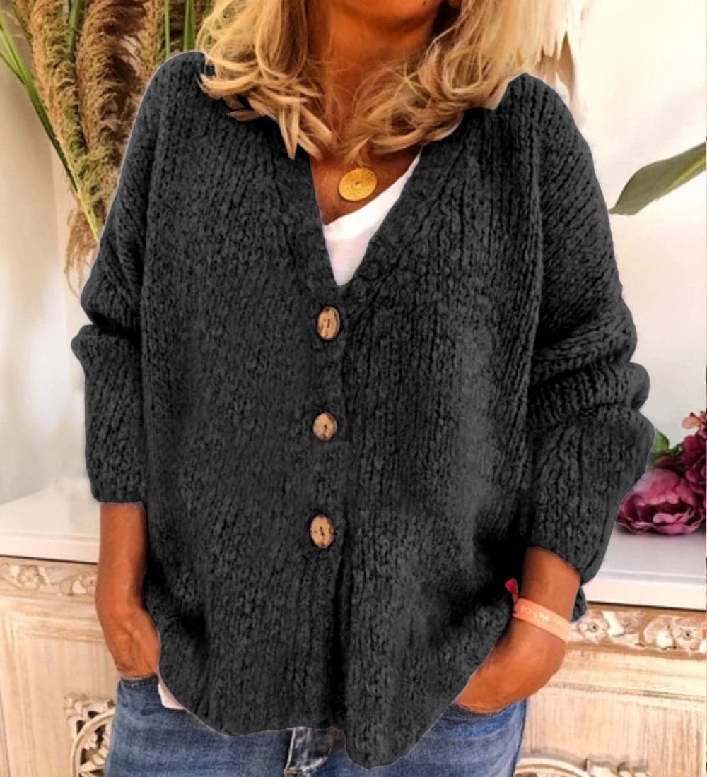 Women's Cardigan – Relaxed Fit – Chunky Knit – V-neck with Buttons