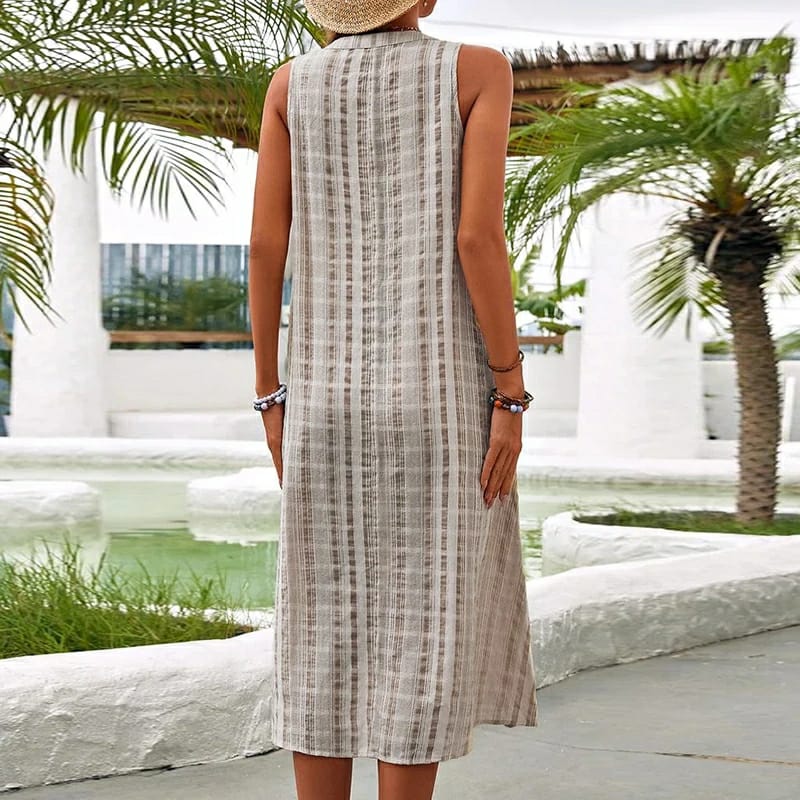 Women's Midi Dress - A-line Fit - V-neck - Buttons & Side Pockets - Airy Fabric