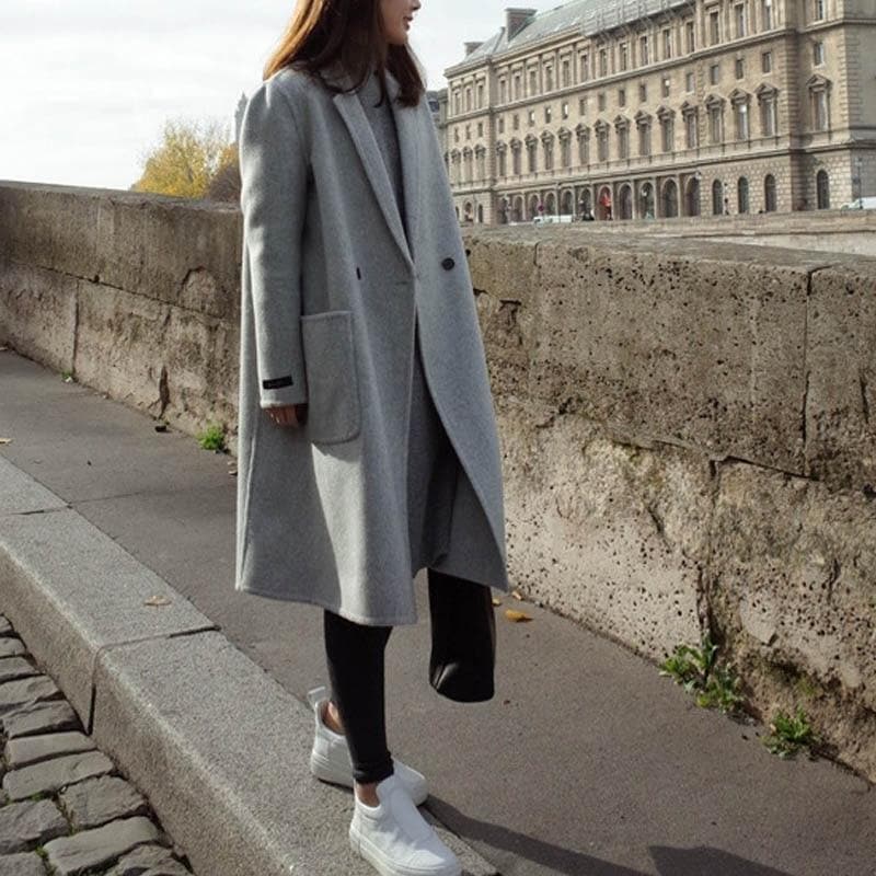 Dame Kåpe - Lang Ullblanding - Dobbeltspent - Klassisk Oversized Passform