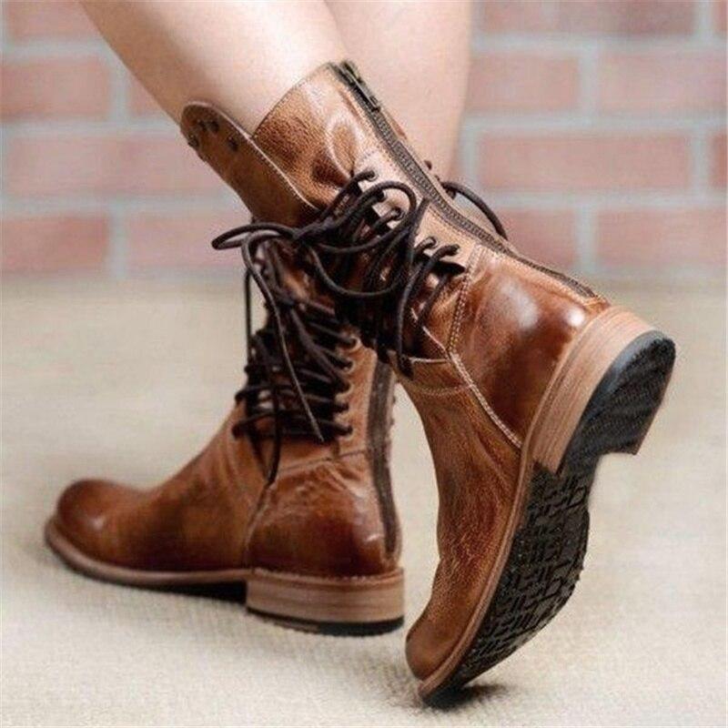 Women's Ankle Boots – Leather – Lacing – Stud Details – Low Heel – Round Toe