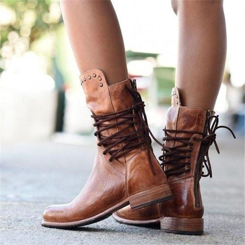 Women's Ankle Boots – Leather – Lacing – Stud Details – Low Heel – Round Toe