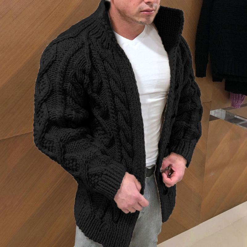 Herre Strikket Cardigan - Tykk Kabelstrikk - Høy Krage - Avslappet Passform - Knapper