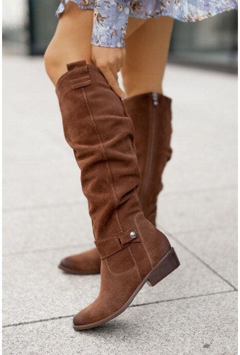 Dame Slouch Støvler - Semsket Skinn - Lav Blokkhæl - Slip-On Komfort