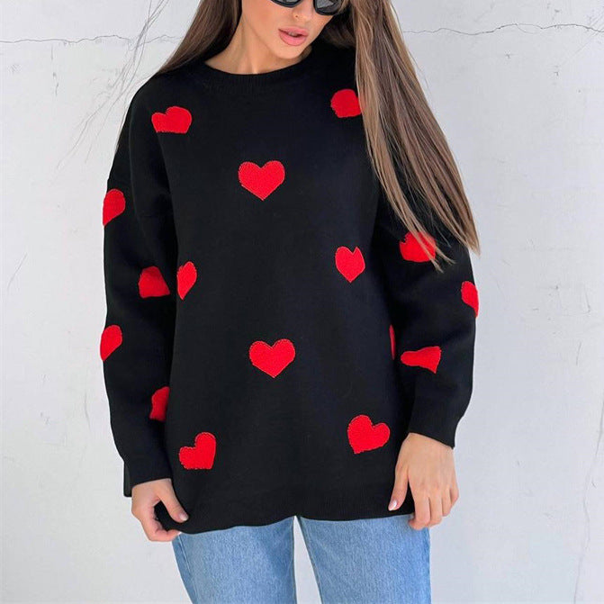Women's Sweater – Knitted Oversized Fit – Heart Pattern – Long-Sleeved Casual
