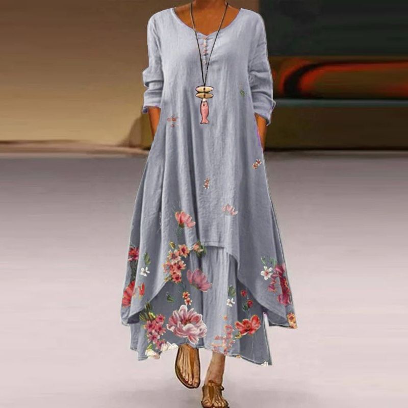 Women's Maxi Dress – Loose Fit – Long Sleeves – Floral Print – Round Neck