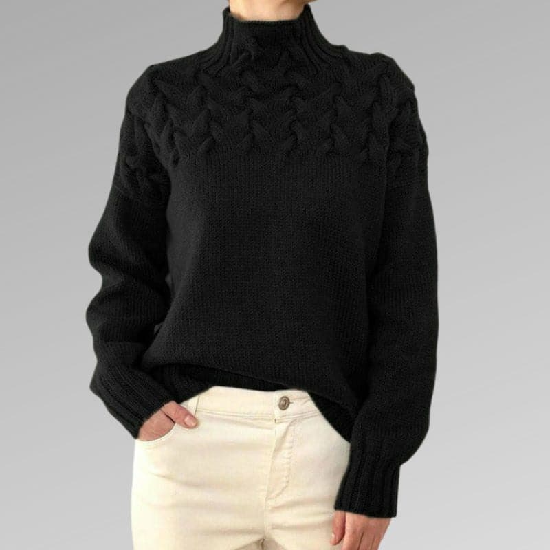 Women's Knitted Sweater - High Neck - Cable Knit Pattern - Ribbed Cuffs
