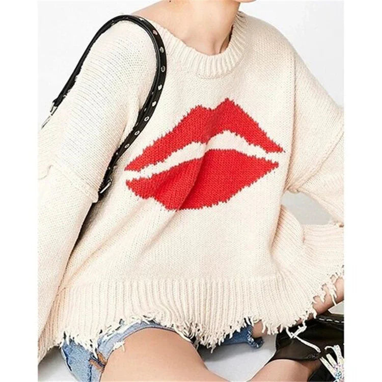 Women's Sweater – Oversized Fit – Chunky Knit – Lip Print – Fringe Hem