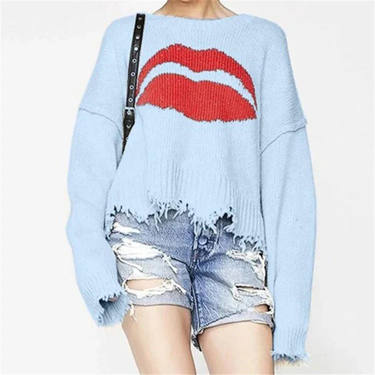 Women's Sweater – Oversized Fit – Chunky Knit – Lip Print – Fringe Hem